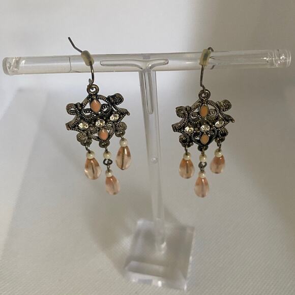 Vintage Chandelier Dangle Earrings Filigree Peach Teardrop Rhinestones Boho Glam - Picture 8 of 16